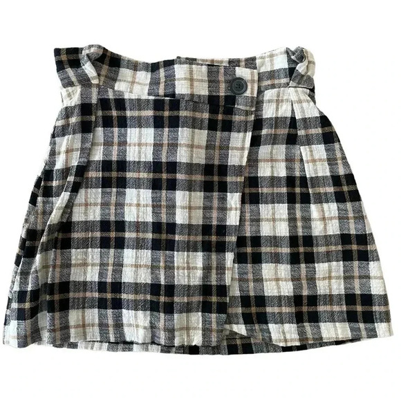 Zara Plaid Mini Skirt Wrap With Tie Black Tan - Picture 3 of 7